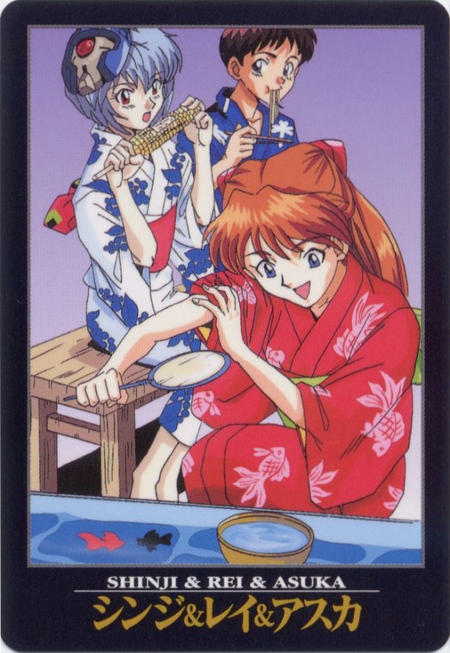 Shinji, Rei, and Asuka in kimonos.